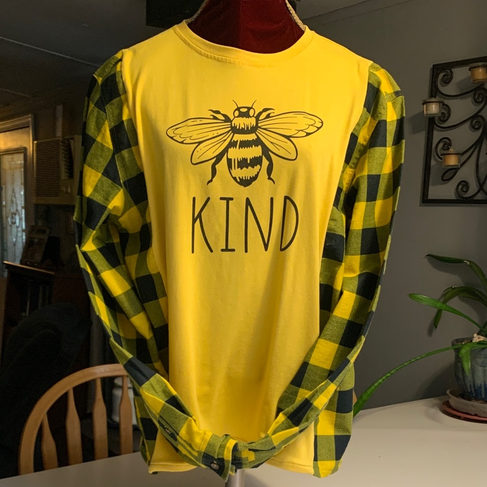 Upcycled “Bee Kind” Plaid-Sleeve Women's Top.